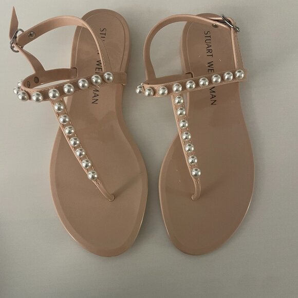 Stuart Weitzman "Goldie" Pearl-Studded Jelly Sandals, Blush and Size 9 - Picture 1 of 7